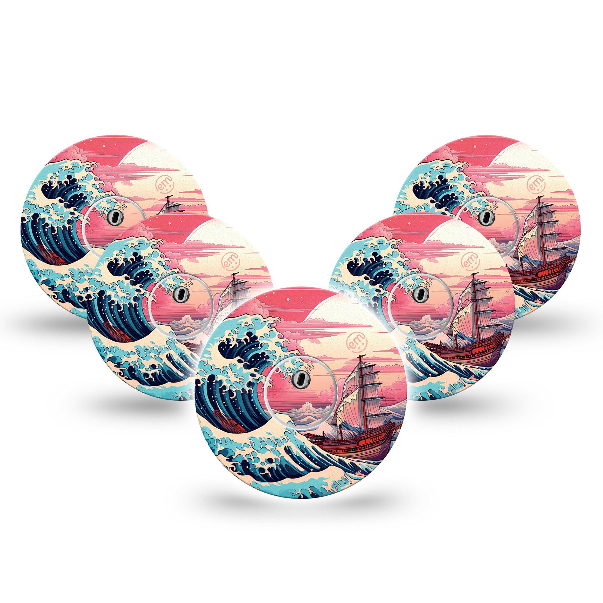 ExpressionMed Great Wave Freestyle Libre 3 and Libre 3 Plus Tape, 5-Pack Tape and 5-Pack Sticker Tsunami Ship, Adhesive Tape Continuous Glucose Monitor Design