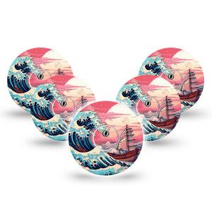 ExpressionMed Great Wave Freestyle Libre 3 and Libre 3 Plus Tape, 5-Pack Tape and 5-Pack Sticker Tsunami Ship, Adhesive Tape Continuous Glucose Monitor Design