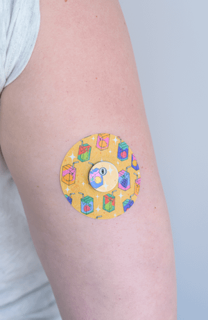 ExpressionMed, Juicebox Libre 3 Tape, Single Tape and Single Sticker, Human Arm Wearing Juicebox Designed CGM Adhesive Patch Design