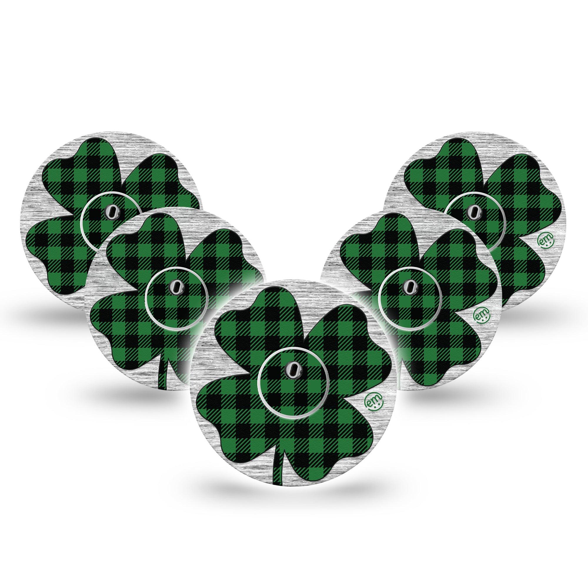 ExpressionMed Embroidered Clover Freestyle Libre 3 and Libre 3 Plus Tape, 5-Pack Tape and 5-Pack Sticker Plaid Clover Inspired, Adhesive Tape Continuous Glucose Monitor Design