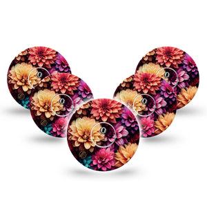 ExpressionMed Dahlia Bouquet Freestyle Libre 3 and Libre 3 Plus Tape, 5-Pack Tape and 5-Pack Sticker Botanical Dahlia Art, Adhesive Tape Continuous Glucose Monitor Design