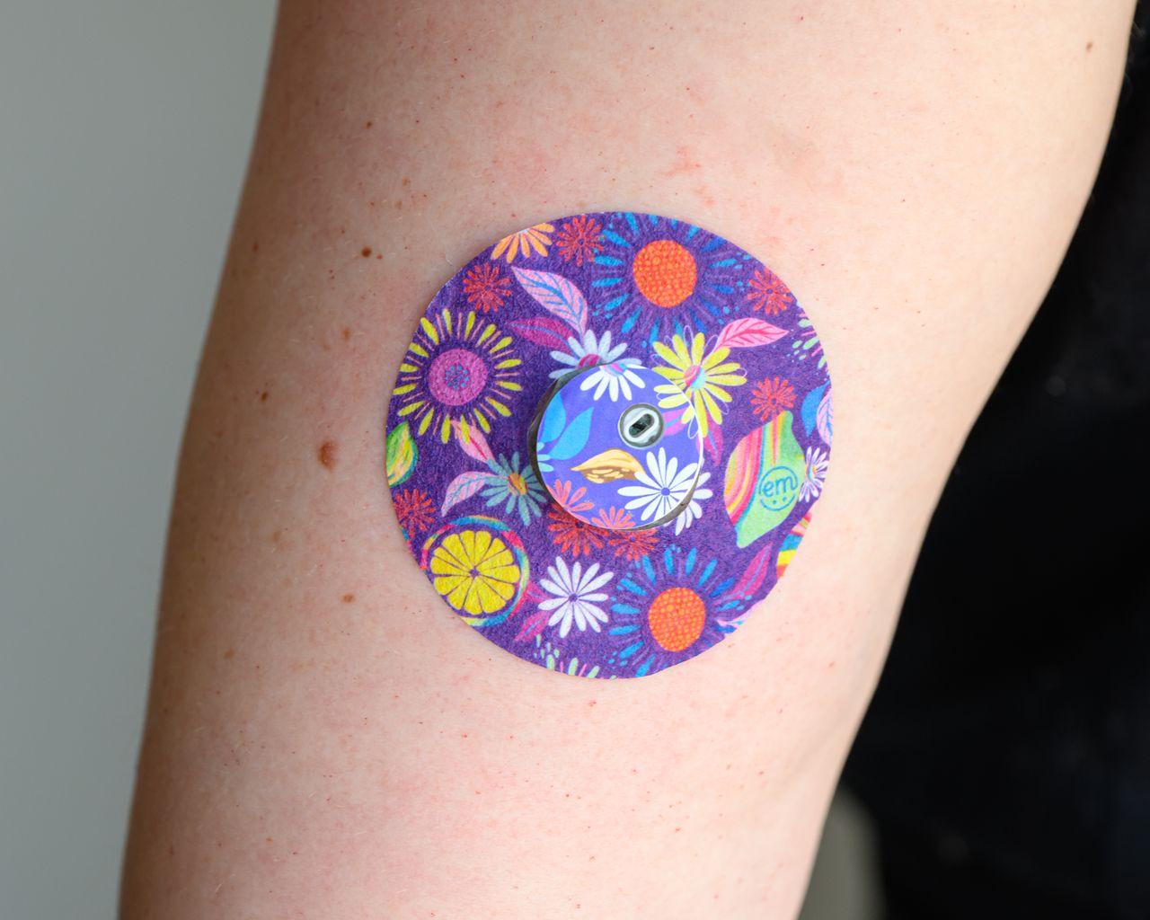 ExpressionMed EttaVee Variety Pack Libre 3 Transmitter Sticker, Single Tape and Single Sticker, Arm Wearing Floral Themed CGM Adhesive Patch Design