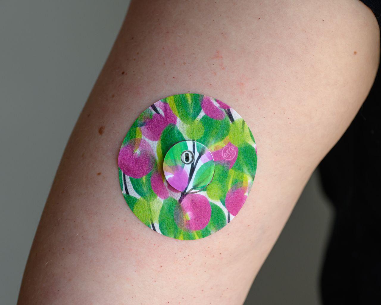 ExpressionMed Floral Strokes Variety Pack Libre 3 Tape, Single Tape and Single Sticker, Arm Wearing Floral Themed CGM Adhesive Patch Design