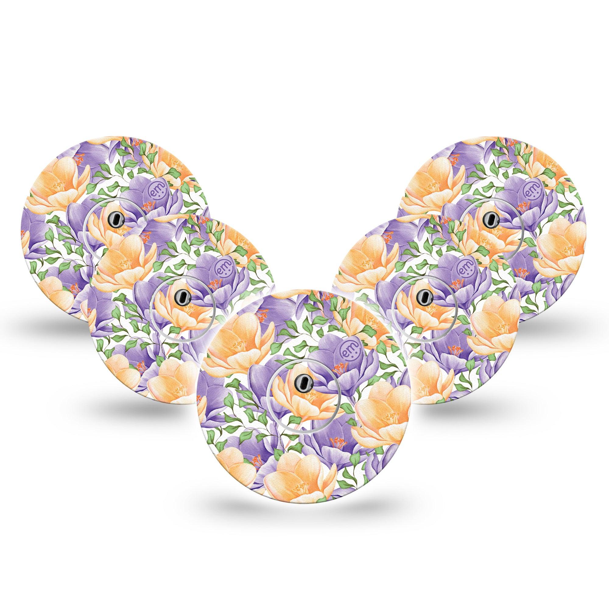 ExpressionMed Crocus Flowers Freestyle Libre 3 and Libre 3 Plus Tape, 5-Pack Tape and 5-Pack Sticker early spring bloomer, Adhesive Tape Continuous Glucose Monitor Design