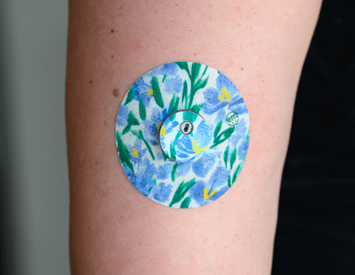 ExpressionMed, Hyacinths Libre 3 Tape, Single Sticker and Single Tape, Human Arm Wearing Hyacinths Designed CGM Adhesive Patch Design