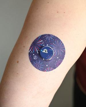 ExpressionMed Night Sky Celebration Libre 3 Tape, Single Tape and Single Sticker, Arm Wearing Fireworks Themed CGM Adhesive Patch Design