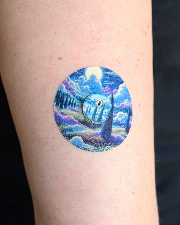 ExpressionMed Dreamy Landscape Libre 3 Tape, Single Tape and Single Sticker, Arm Wearing Night Themed CGM Adhesive Patch Design