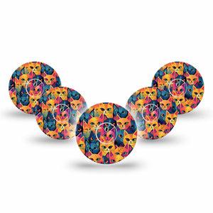 ExpressionMed Catorama Freestyle Libre 3 Tape 5-Pack Tape and 5-Pack Sticker Brightly Colored Kitty Art Adhesive Tape CGM Design