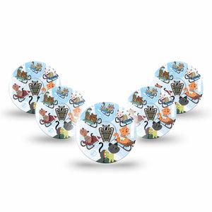 ExpressionMed Sledding Cats In Sweaters Freestyle Libre 3 Tape 5-Pack Tape and 5-Pack Sticker Adorable Kitten Sledders, Adhesive Tape CGM Design