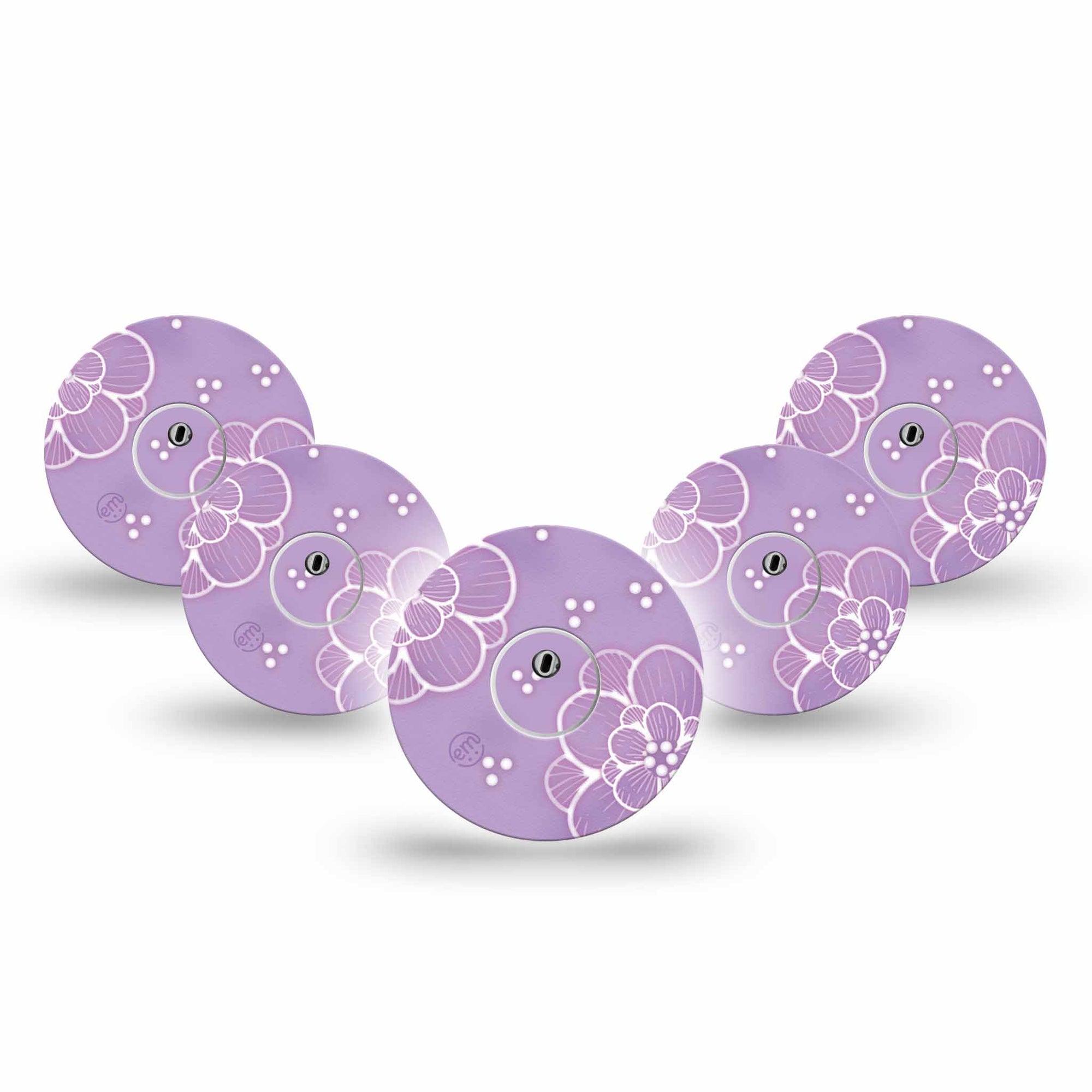 ExpressionMed Purple Flowers Freestyle Libre 3 Tape 5-Pack Tape and 5-Pack Sticker Lavender Purple Blooms, Adhesive Tape Continuous Glucose Monitor Design