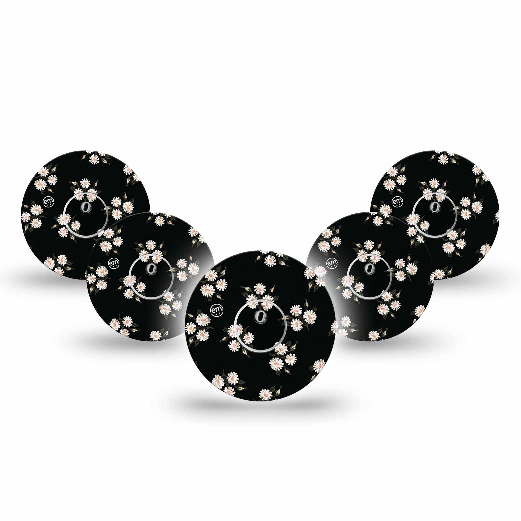 ExpressionMed Black Daisies Freestyle Libre 3 and Libre 3 Plus Tape 5-Pack Tape and 5-Pack Sticker Trio Of Daisy Florals, Adhesive Tape Continuous Glucose Monitor Design