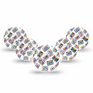 ExpressionMed Vintage Music Tapes Freestyle Libre 3 and Libre 3 Plus Tape 5-Pack Tape and 5-Pack Sticker Funky Bright Music Tapes, Patch CGM Design