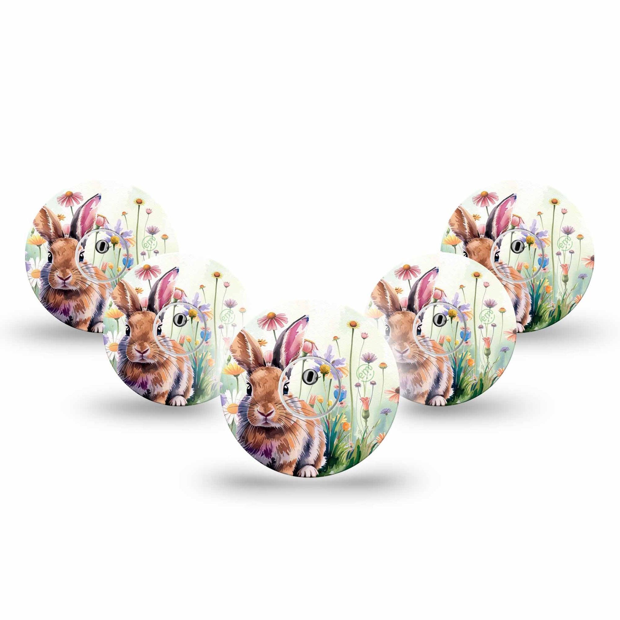 ExpressionMed Watercolor Bunny Freestyle Libre 3 and Libre 3 Plus Tape 5-Pack Tape and 5-Pack Sticker Bunny And Flowers, Adhesive Tape Continuous Glucose Monitor Design