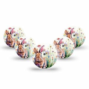 ExpressionMed Watercolor Bunny Freestyle Libre 3 and Libre 3 Plus Tape 5-Pack Tape and 5-Pack Sticker Bunny And Flowers, Adhesive Tape Continuous Glucose Monitor Design