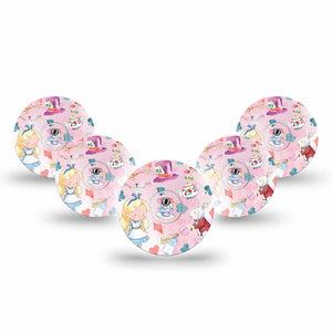 ExpressionMed Alice in Wonderland Freestyle Libre 3 and Libre 3 Plus Tape 5-Pack Tape and 5-Pack Sticker Pink Alice In Wonderland Story Motifs, Adhesive Tape Continuous Glucose Monitor Design