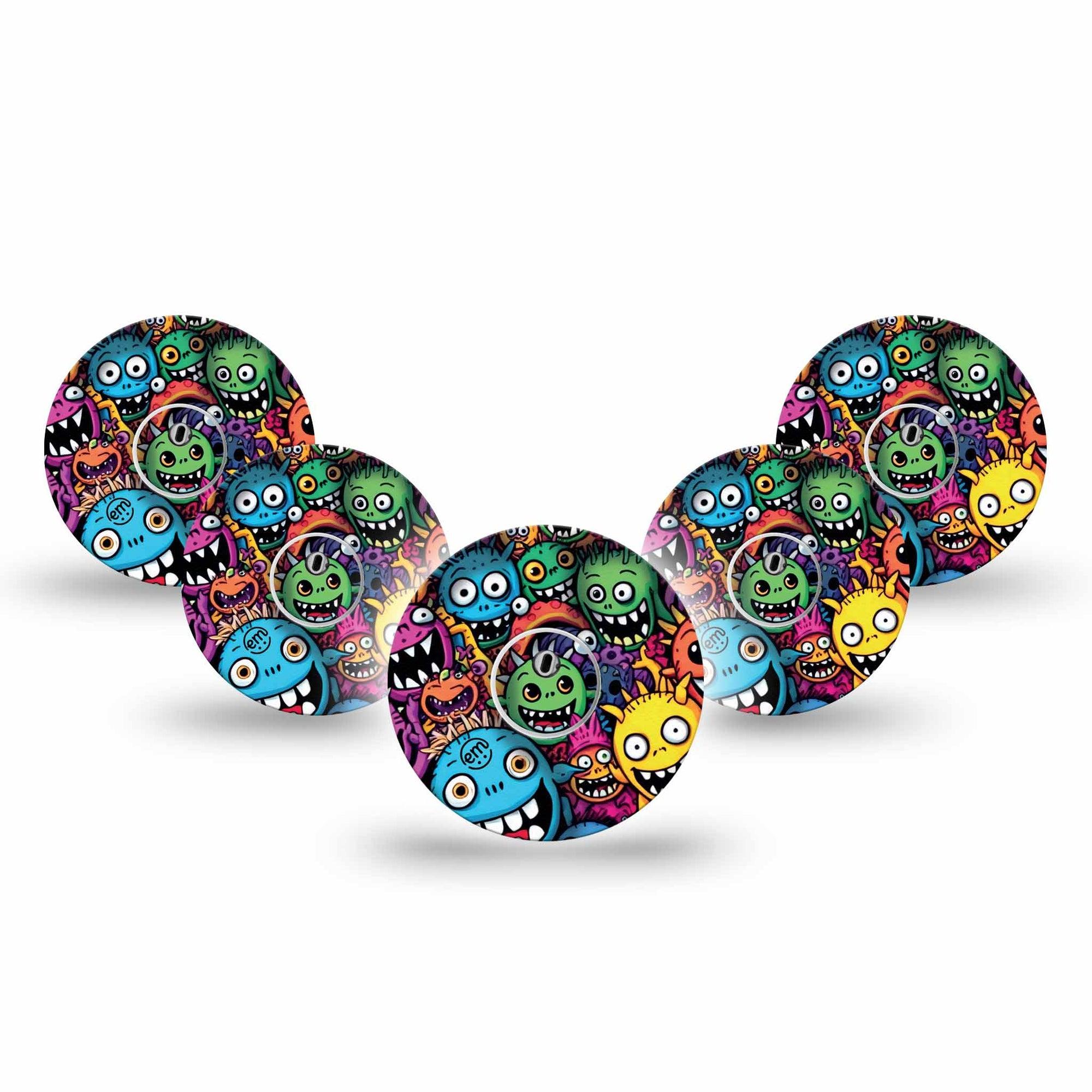 ExpressionMed Funky Monsters Freestyle Libre 3 and Libre 3 Plus Tape 5-Pack Tape and 5-Pack Sticker Cool Vivid Monsters, Adhesive Tape Continuous Glucose Monitor Design