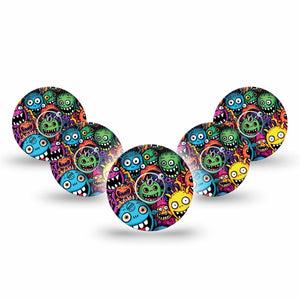 ExpressionMed Funky Monsters Freestyle Libre 3 and Libre 3 Plus Tape 5-Pack Tape and 5-Pack Sticker Cool Vivid Monsters, Adhesive Tape Continuous Glucose Monitor Design