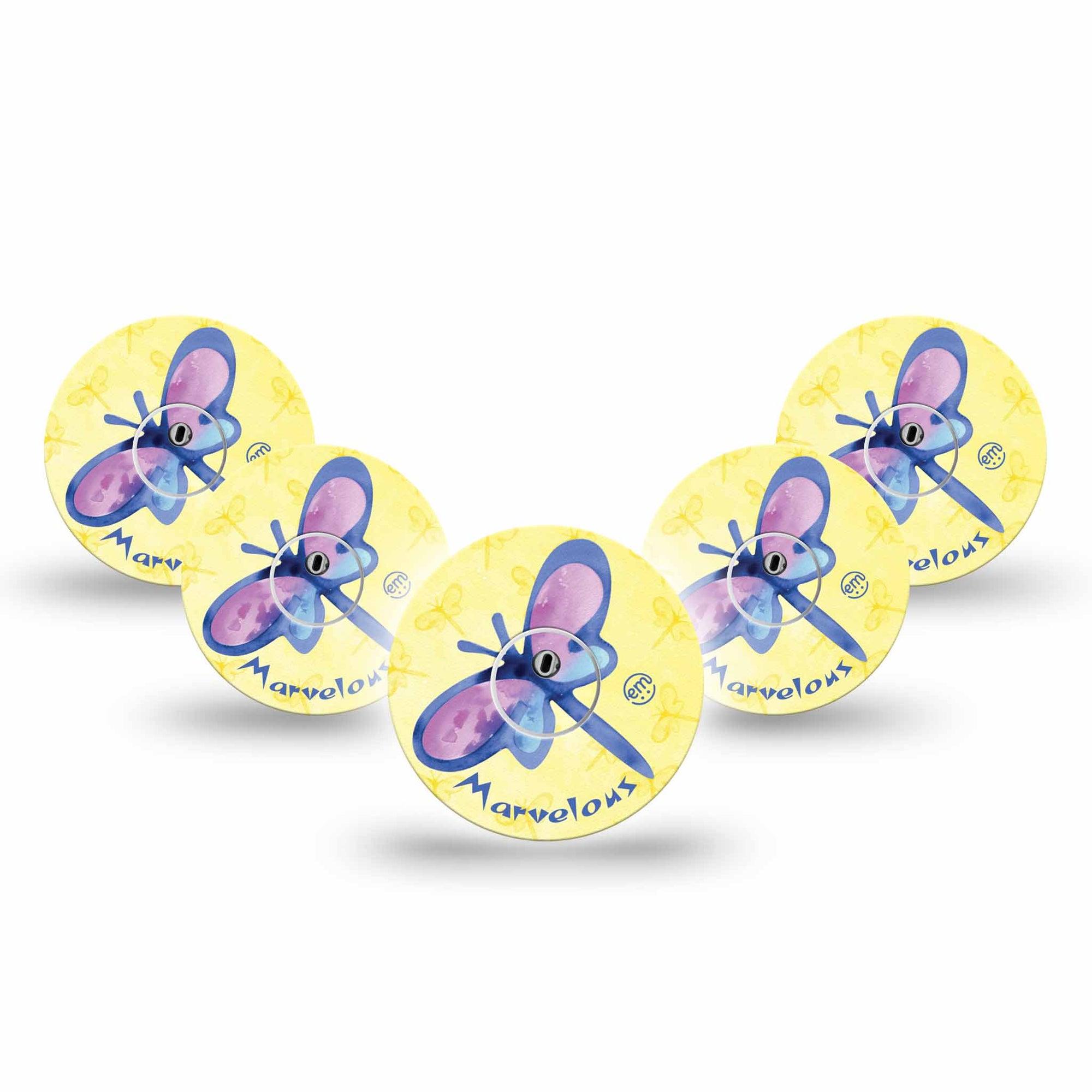ExpressionMed Marvelous Dragonfly Freestyle Libre 3 and Libre 3 Plus Tape 5-Pack Tape and 5-Pack Sticker Summery Dragonfly, Adhesive Tape Continuous Glucose Monitor Design