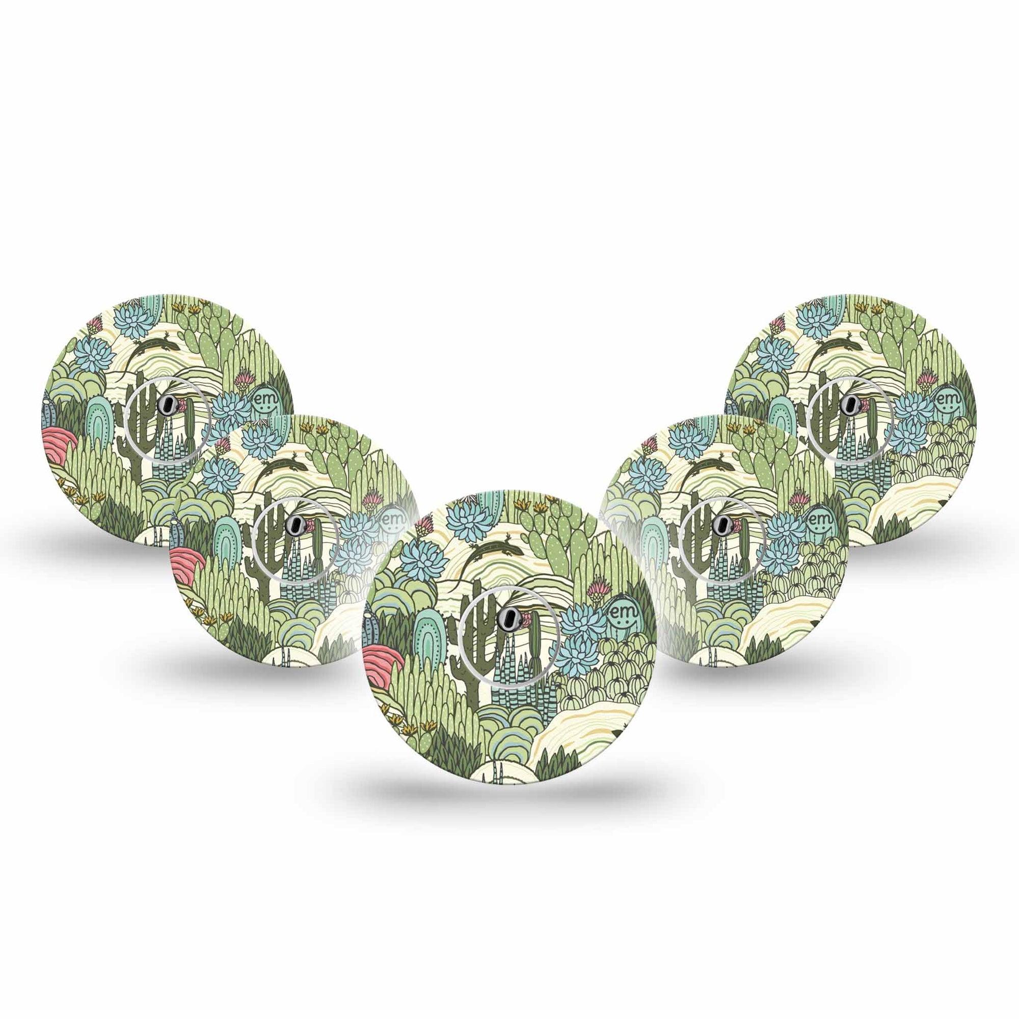 ExpressionMed Cactus Freestyle Libre 3 and Libre 3 Plus Tape 5-Pack Tape and 5-Pack Sticker Bright Pastel Cactus Garden, Adhesive Tape Continuous Glucose Monitor Design