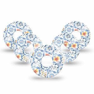 ExpressionMed Blue and Yellow Tile Freestyle Libre 3 and Libre 3 Plus Tape 5-Pack Tape Aesthetic Blue Floral Tile Pattern, Plaster CGM Design