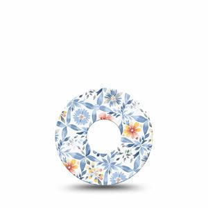 ExpressionMed Blue and Yellow Tile Freestyle Libre 3 and Libre 3 Plus Tape Single Tape Soft Blue Tile Orange Florals, Plaster CGM Design