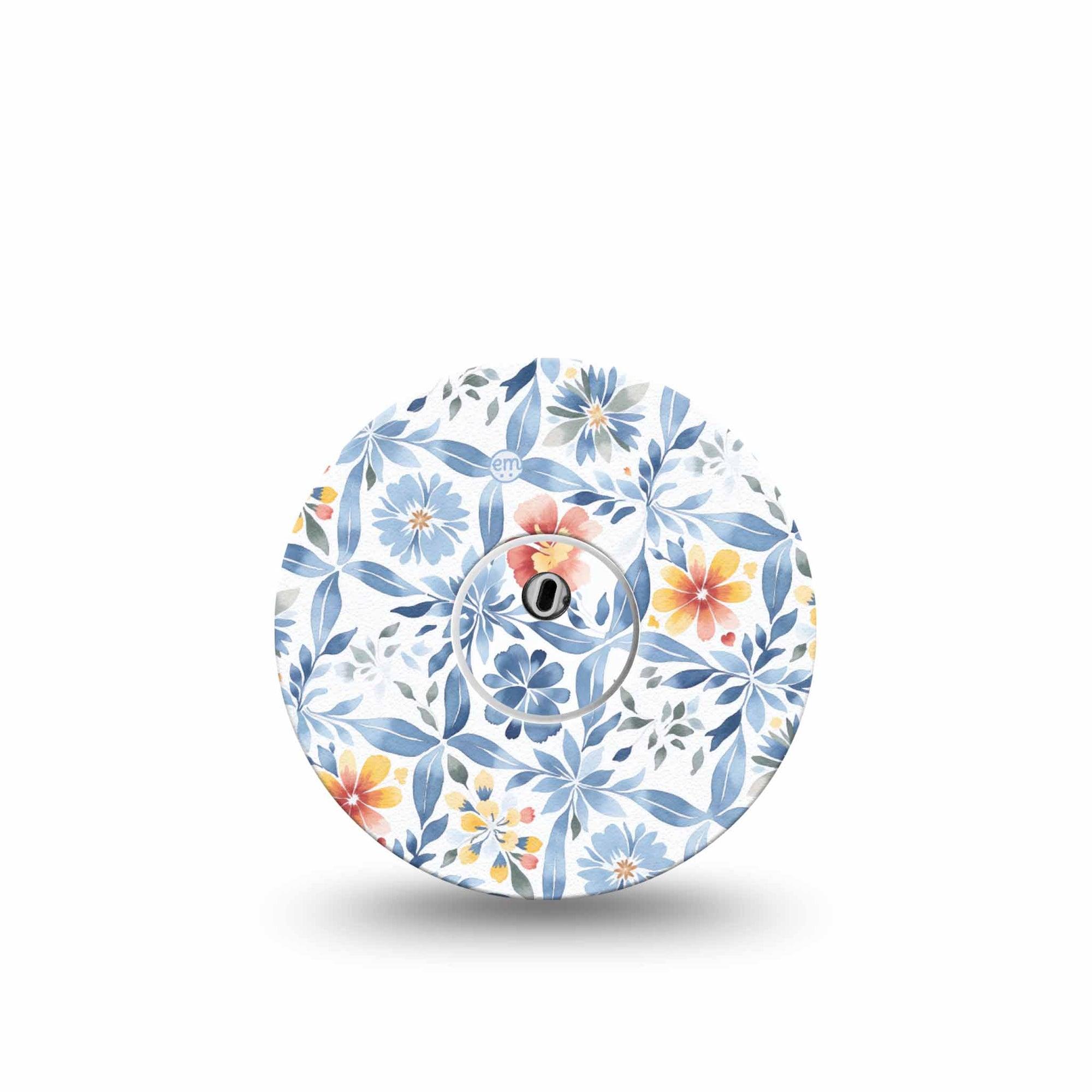 ExpressionMed Blue and Yellow Tile Freestyle Libre 3 and Libre 3 Plus Tape Single Tape and Single Sticker Soft Blue Tile Orange Florals, Plaster CGM Design