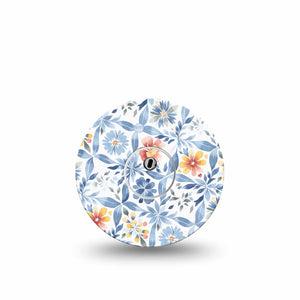 ExpressionMed Blue and Yellow Tile Freestyle Libre 3 and Libre 3 Plus Tape Single Tape and Single Sticker Soft Blue Tile Orange Florals, Plaster CGM Design