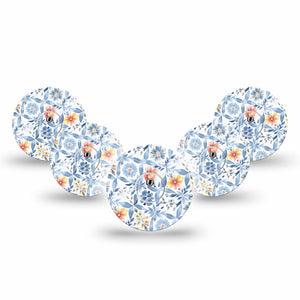 ExpressionMed Blue and Yellow Tile Freestyle Libre 3 and Libre 3 Plus Tape 5-Pack Tape and 5-Pack Sticker Lightly Painted Tile Pottery Inspired, Plaster CGM Design