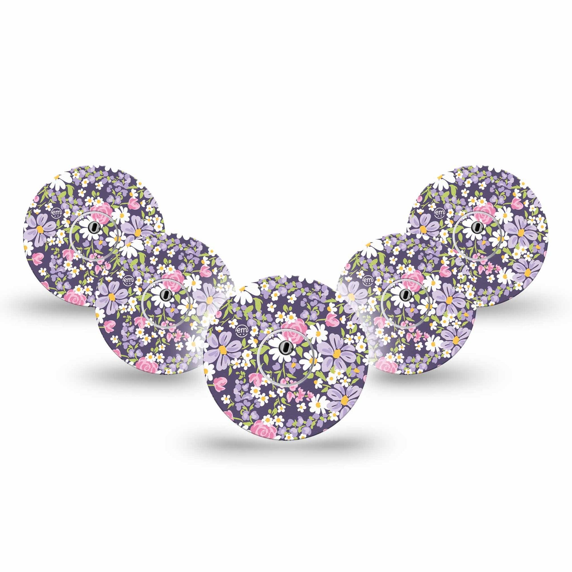 ExpressionMed Purple and Pink Flowers Freestyle Libre 3 and Libre 3 Plus Tape 5-Pack Tape and 5-Pack Sticker White Pink Purple Flower Vine, Adhesive Tape Continuous Glucose Monitor Design