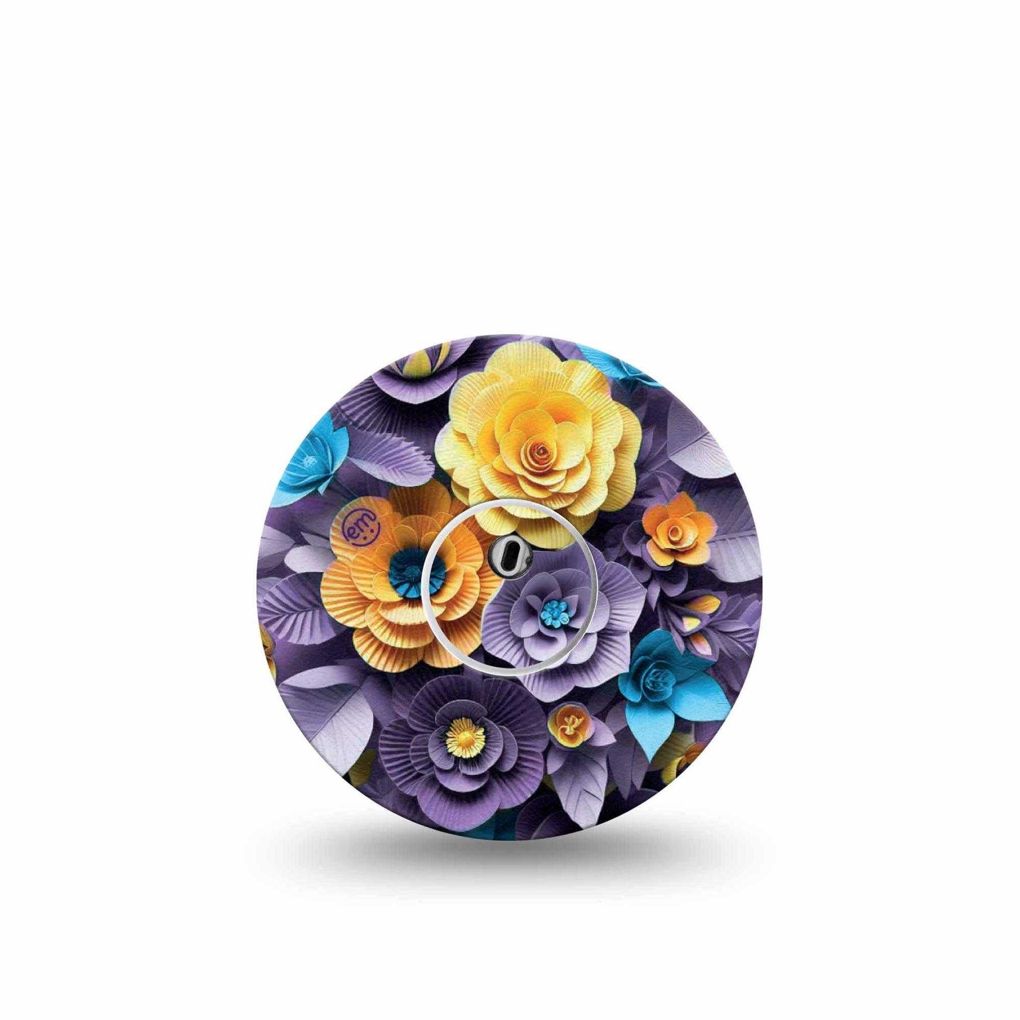 ExpressionMed Paper Flowers Freestyle Libre 3 and Libre 3 Plus Tape Single Tape and Single Sticker Blue Purple Yellow Florals, Adhesive Tape Continuous Glucose Monitor Design