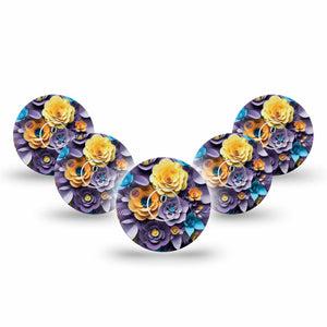 ExpressionMed Paper Flowers Freestyle Libre 3 and Libre 3 Plus Tape 5-Pack Tape and 5-Pack Sticker Purple Paper Art Blossoms, Adhesive Tape Continuous Glucose Monitor Design