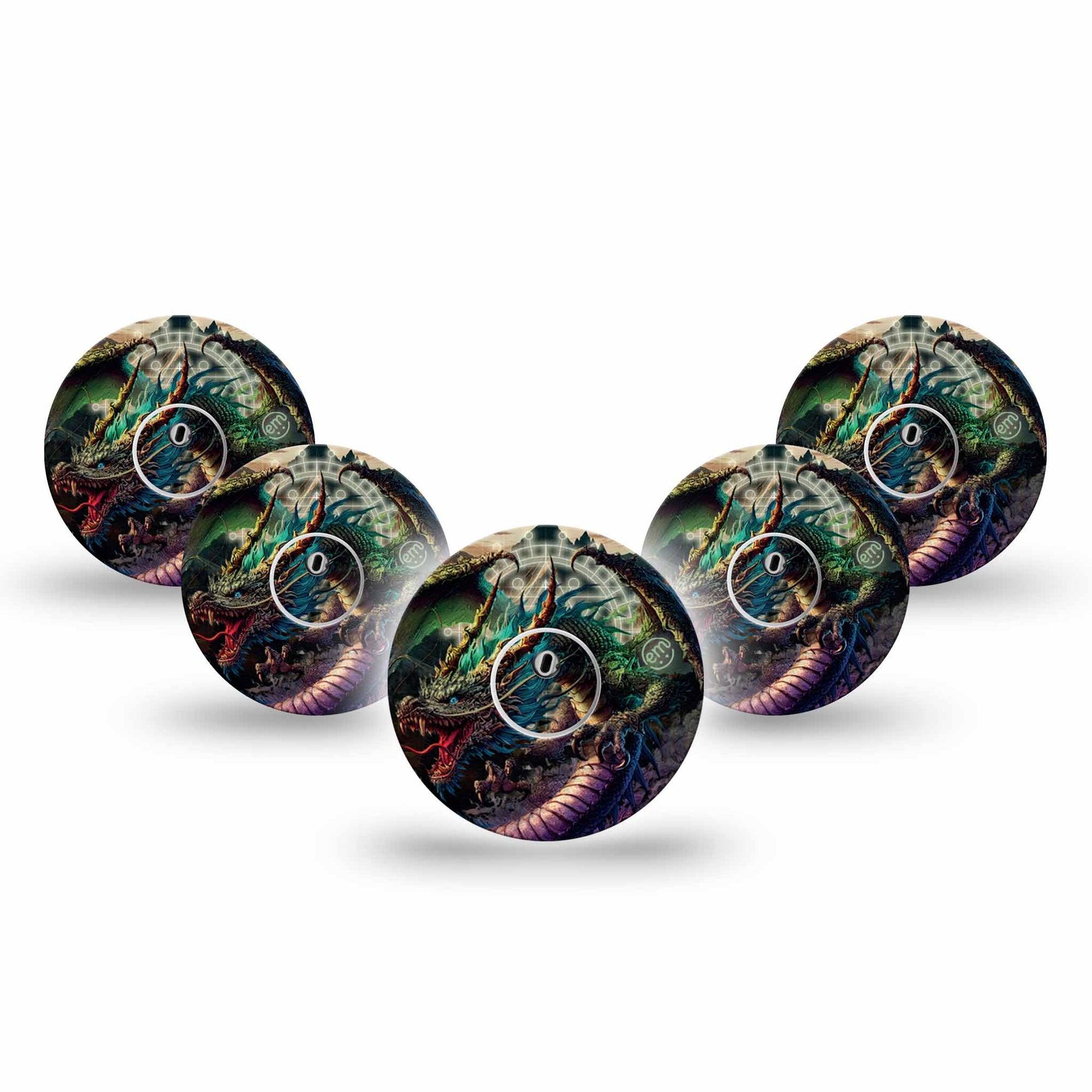 ExpressionMed Geo Dragon Freestyle Libre 3 and Libre 3 Plus Tape 5-Pack Tape and 5-Pack Sticker Geometric Pattern and Dragon, Adhesive Tape Continuous Glucose Monitor Design