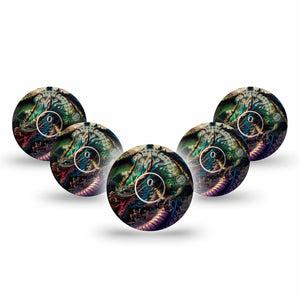 ExpressionMed Geo Dragon Freestyle Libre 3 and Libre 3 Plus Tape 5-Pack Tape and 5-Pack Sticker Geometric Pattern and Dragon, Adhesive Tape Continuous Glucose Monitor Design
