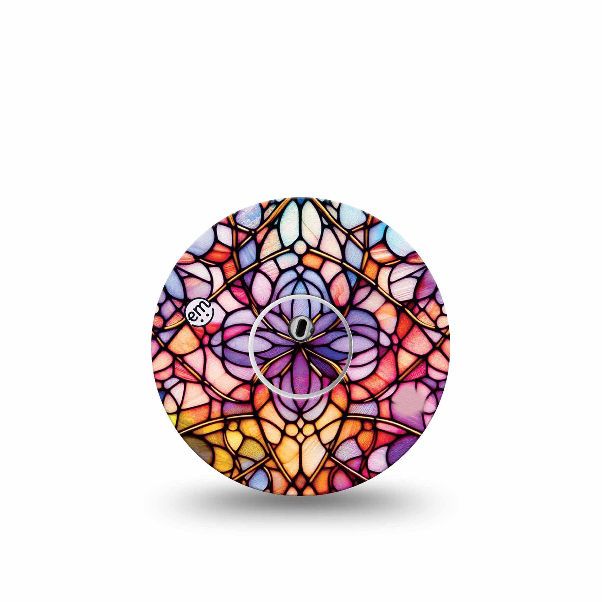 ExpressionMed Stained Glass Freestyle Libre 3 and Libre 3 Plus Tape Single Tape and Single Sticker Purple-Orange-Toned Stained Glass Flower, Adhesive Tape Continuous Glucose Monitor Design