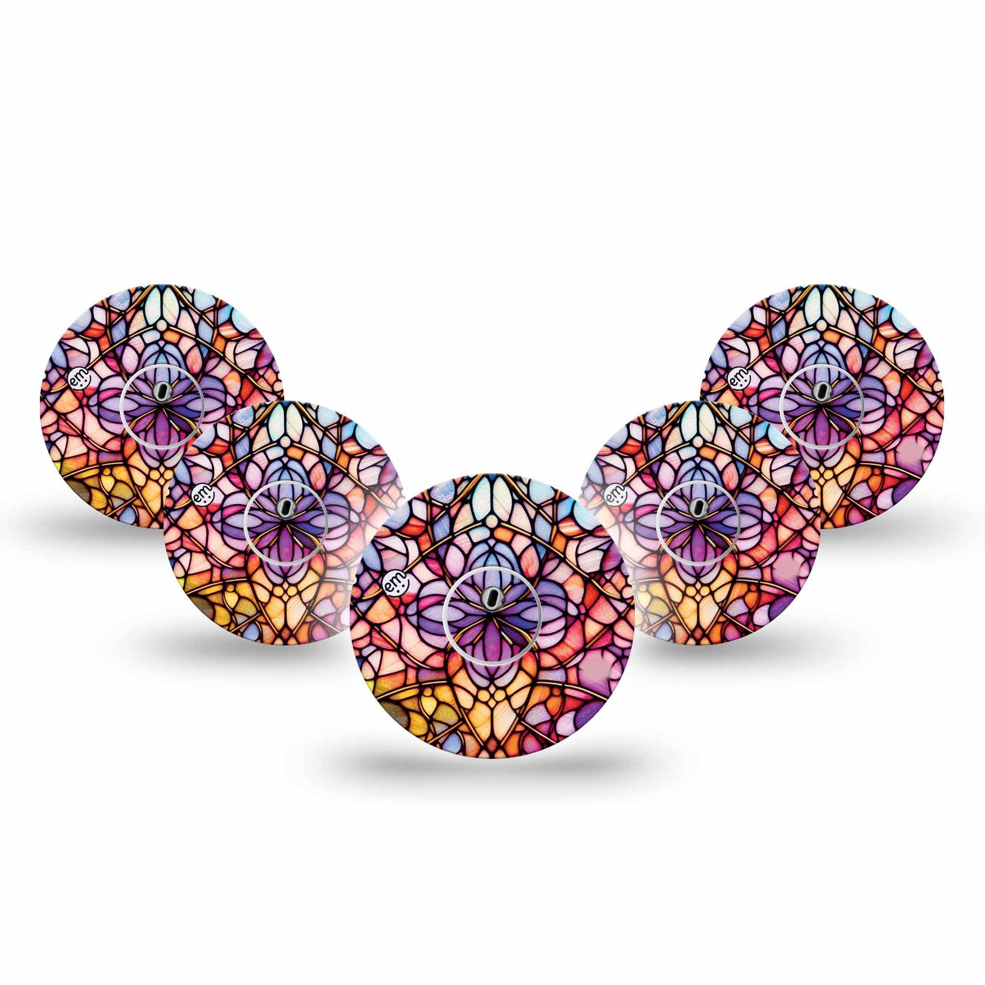 ExpressionMed Stained Glass Freestyle Libre 3 and Libre 3 Plus Tape 5-Pack Tape and 5-Pack Sticker Colorful Warm Floral Glass Inspired, Adhesive Tape Continuous Glucose Monitor Design