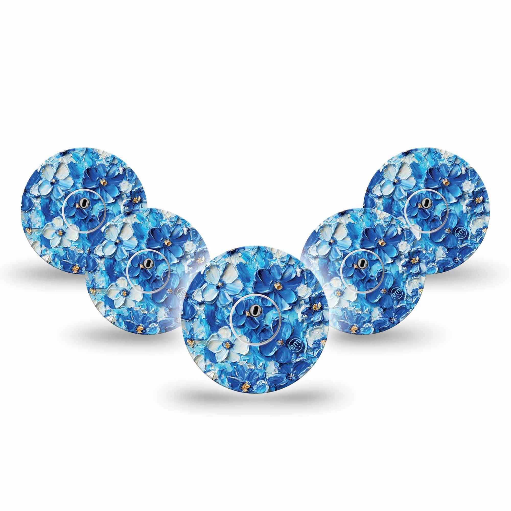 ExpressionMed Blue Paint Freestyle Libre 3 and Libre 3 Plus Tape 5-Pack Tape and 5-Pack Sticker Thick Acrylic Look Florals, Adhesive Tape Continuous Glucose Monitor Design