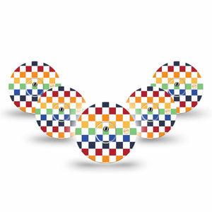 ExpressionMed Rainbow Checkerboard Freestyle Libre 3 and Libre 3 Plus Tape 5-Pack Tape and 5-Pack Sticker Colorful Checkered Pattern, Adhesive Tape Continuous Glucose Monitor Design