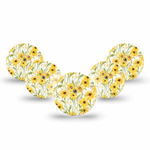 ExpressionMed Yellow Mosaic Floral Freestyle Libre 3 and Libre 3 Plus Tape 5-Pack Tape and 5-Pack Sticker Happy Sunflowers, Patch CGM Design