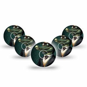 ExpressionMed Dapper Alligator Freestyle Libre 3 and Libre 3 Plus Tape, 5-Pack Tape and 5-Pack Sticker Cartoon Inspired Gator Guy, Adhesive Tape Continuous Glucose Monitor Design