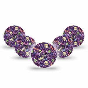 ExpressionMed Neon Skulls Freestyle Libre 3 and Libre 3 Plus Tape, 5-Pack Tape and 5-Pack Sticker Purple and Neon Skulls, Adhesive Tape Continuous Glucose Monitor Design