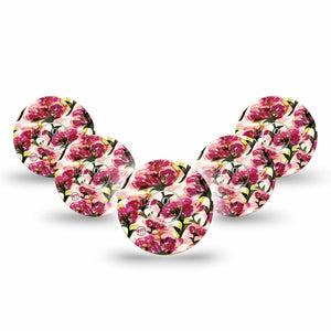 ExpressionMed Maroon Flowers Freestyle Libre 3 and Libre 3 Plus Tape, 5-Pack Tape and 5-Pack Sticker Dark Red Floaty Florals, Adhesive Tape Continuous Glucose Monitor Design
