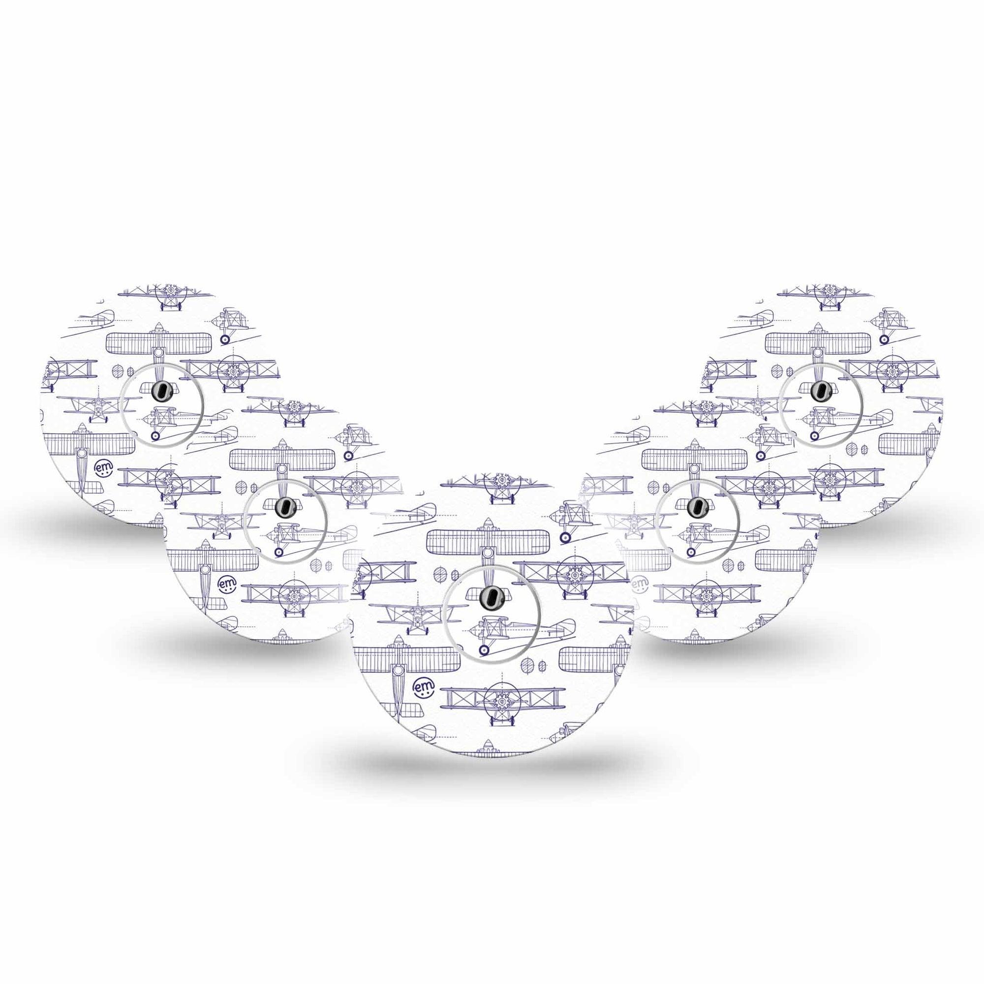 ExpressionMed Airplane Freestyle Libre 3 and Libre 3 Plus Tape, 5-Pack Tape and 5-Pack Sticker Navy Stenciled Planes, Adhesive Tape Continuous Glucose Monitor Design