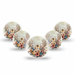 ExpressionMed Floral Antlers Freestyle Libre 3 and Libre 3 Plus Tape, 5-Pack Tape and 5-Pack Sticker Dull Flower Bouquet, Adhesive Tape Continuous Glucose Monitor Design