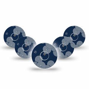ExpressionMed Blue Swirls Freestyle Libre 3 and Libre 3 Plus Tape, 5-Pack Tape and 5-Pack Sticker Basic Circular Swirls, Adhesive Tape Continuous Glucose Monitor Design