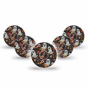 ExpressionMed Embroidered Ghost Freestyle Libre 3 and Libre 3 Plus Tape, 5-Pack Tape and 5-Pack Sticker Threaded Embroidery Inspired, Adhesive Tape Continuous Glucose Monitor Design