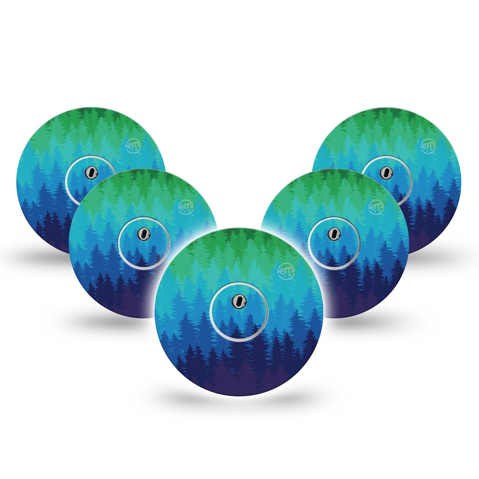 ExpressionMed Pine Trees Freestyle Libre 3 and Libre 3 Plus Tape, 5-Pack Tape and 5-Pack Sticker Blue Green Ombre Tree Line, Adhesive Tape Continuous Glucose Monitor Design