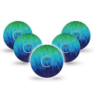 ExpressionMed Pine Trees Freestyle Libre 3 and Libre 3 Plus Tape, 5-Pack Tape and 5-Pack Sticker Blue Green Ombre Tree Line, Adhesive Tape Continuous Glucose Monitor Design