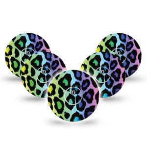 ExpressionMed Multicolored Cheetah Print Freestyle Libre 3 and Libre 3 Plus Tape, 5-Pack Tape and 5-Pack Sticker Cheetah Prints over Colorful Background, Adhesive Tape Continuous Glucose Monitor Design