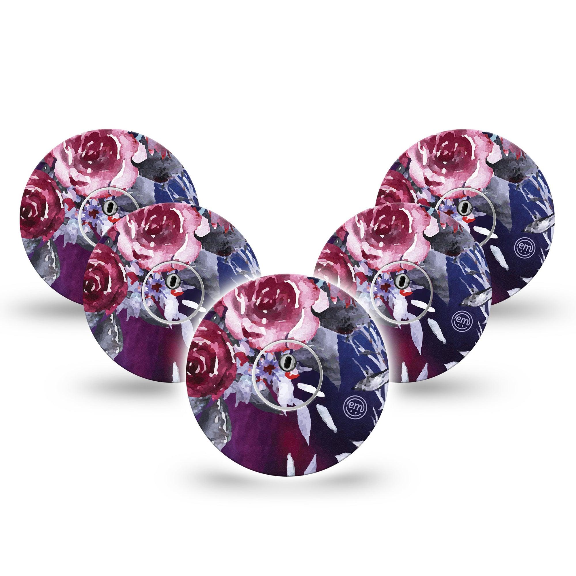 ExpressionMed Dark Rose Freestyle Libre 3 and Libre 3 Plus Tape, 5-Pack Tape and 5-Pack Sticker Floral Painting Inspired, Adhesive Tape Continuous Glucose Monitor Design