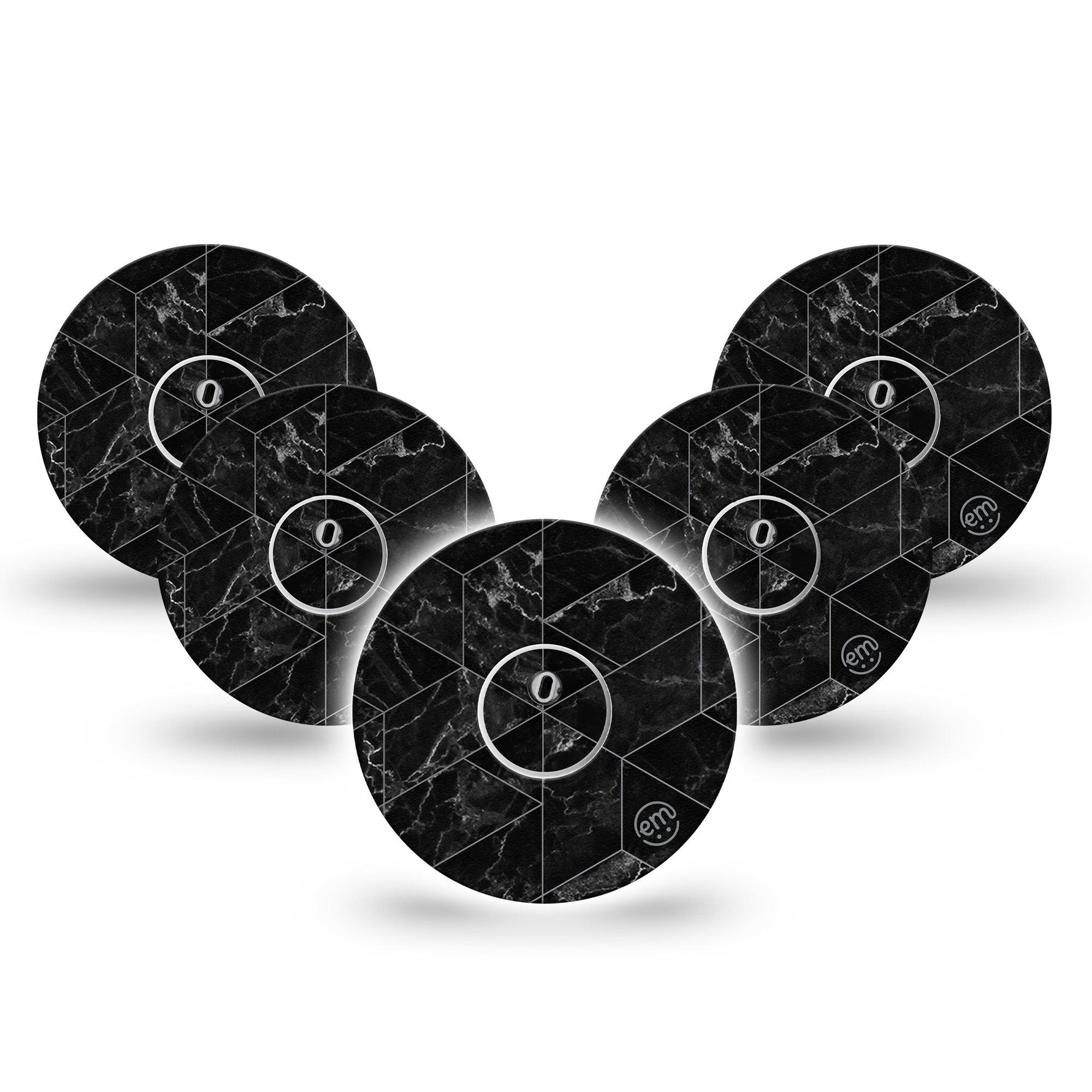 ExpressionMed Black Marble Freestyle Libre 3 and Libre 3 Plus Tape, 5-Pack Tape and 5-Pack Sticker Black Marble and Geometric Pattern, Adhesive Tape Continuous Glucose Monitor Design